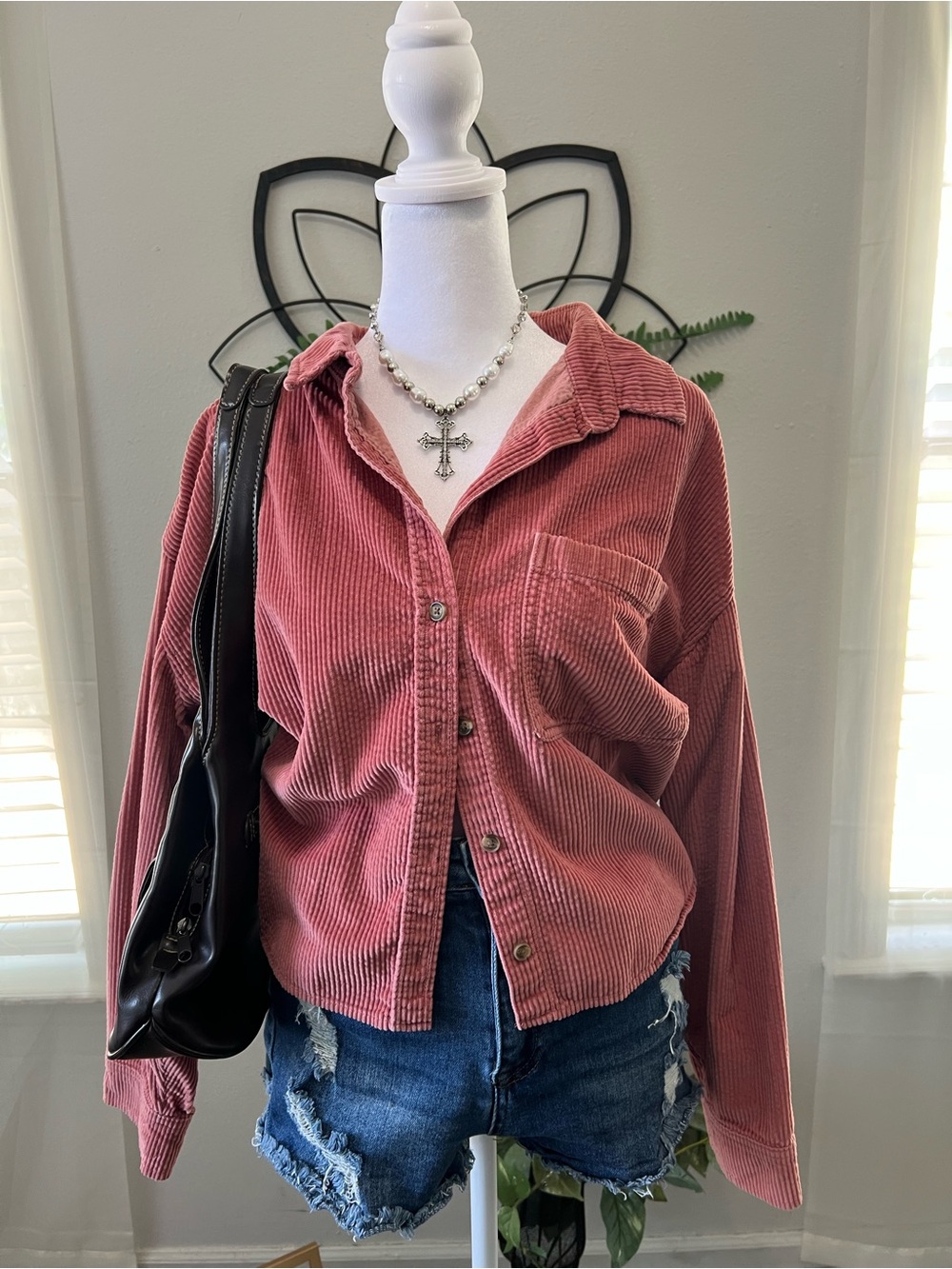 American Eagle Pink Corduroy Button Front Shacket Shirt Size Large